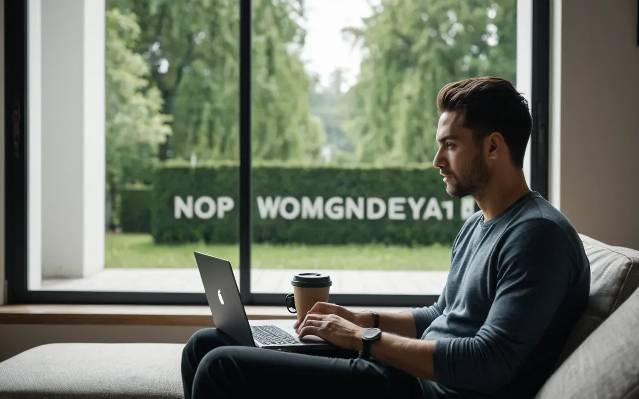 yaşam kalitesi A bright modern living room with a large window showing green trees outside. A person sits on a comfortable sofa holding a laptop and a coffee cup, looking focused and relaxed in the natural light.