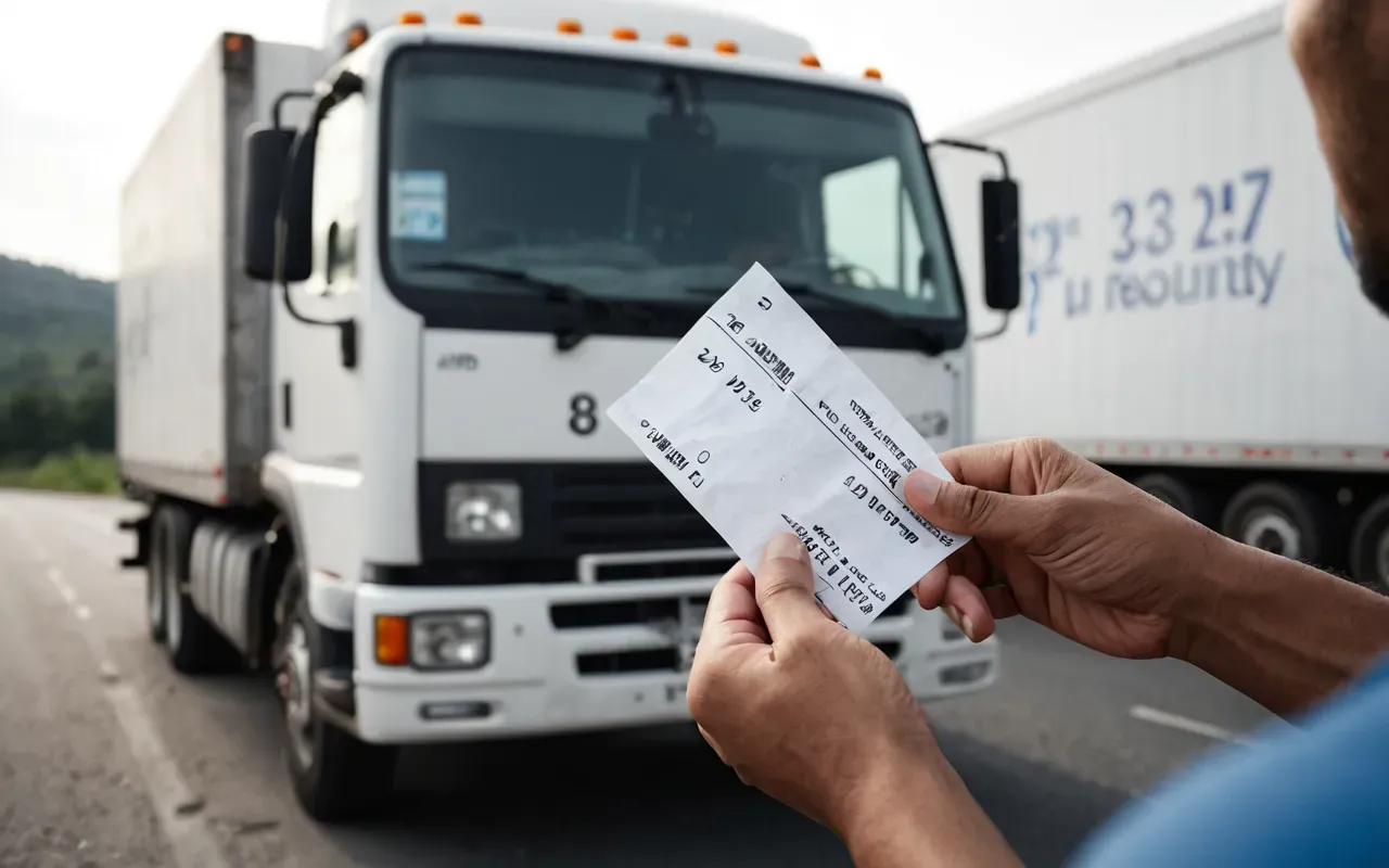 nakliyat faturası A close-up photo of a person's hands holding a crumpled paper receipt with visible handwritten numbers and lines, standing in front of a large white moving truck parked on an asphalt road.