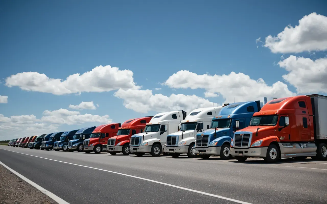 kamu taşımacılığı filosu A fleet of large semi-trucks lined up in a long queue on an asphalt highway under a bright blue sky with white clouds.