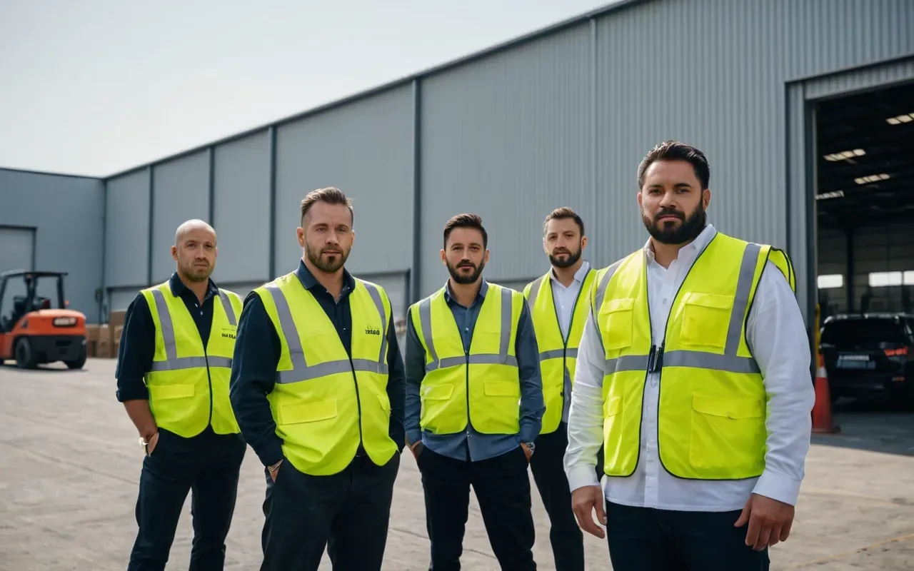 nakliye personeli A group of logistics professionals wearing high-visibility vests standing near a large warehouse loading dock during the daytime.