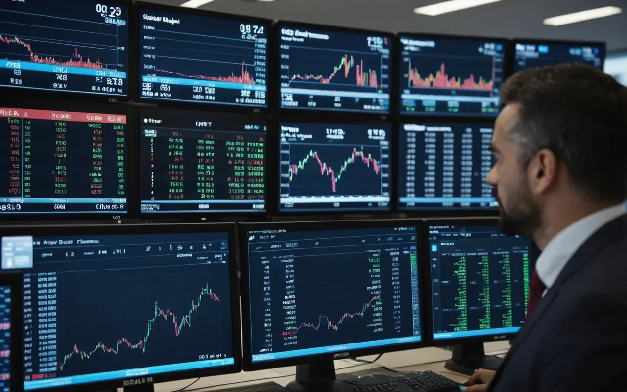 finansal analiz A modern financial trading floor with multiple screens showing market data and analysts in business attire discussing economic trends.