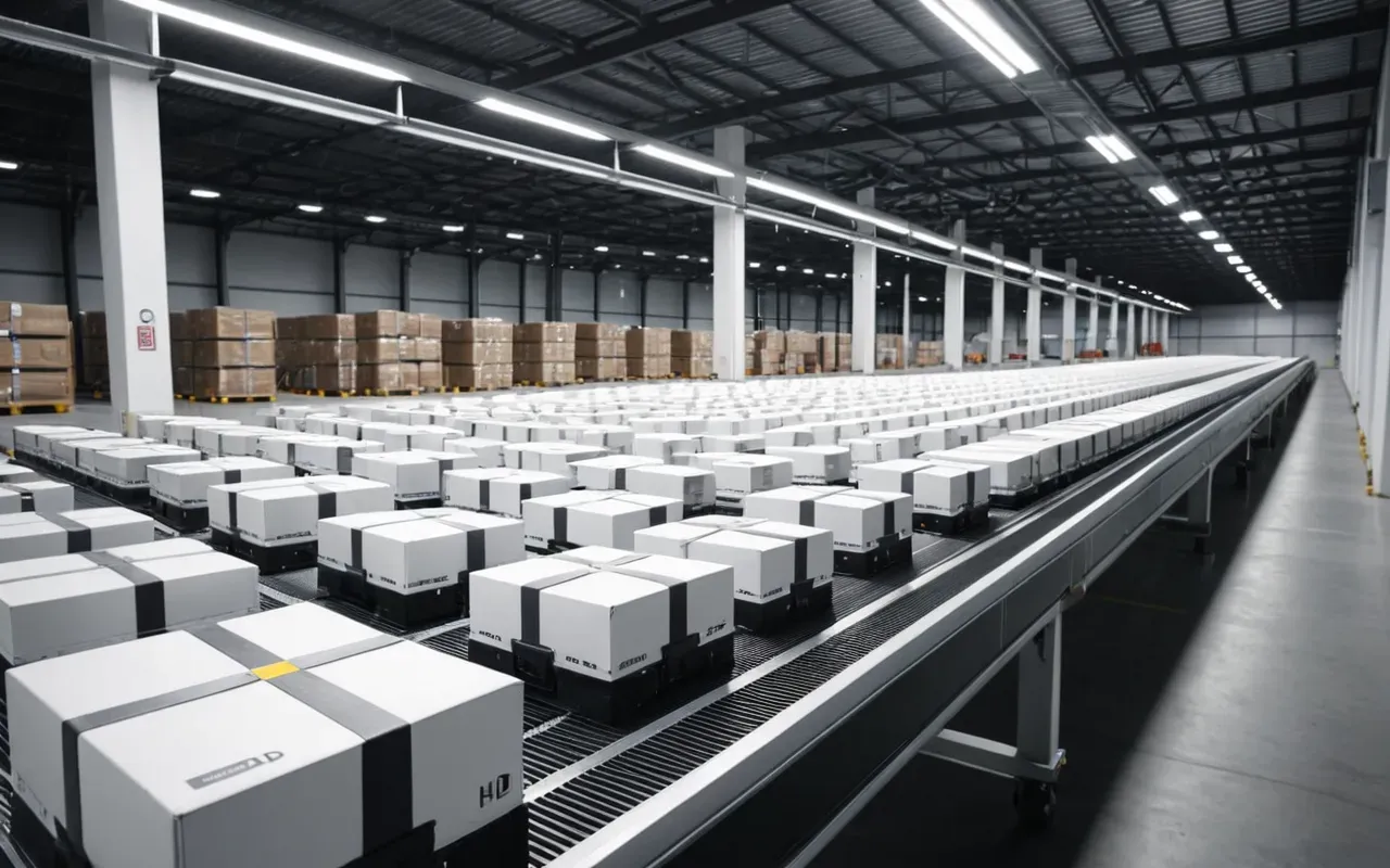 uluslararası nakliyat A modern high-tech logistics warehouse interior with automated conveyor belts moving standardized white boxes under bright LED lighting. The scene is clean and industrial, showing complex machinery in motion without any human figures or readable labels on the packages.