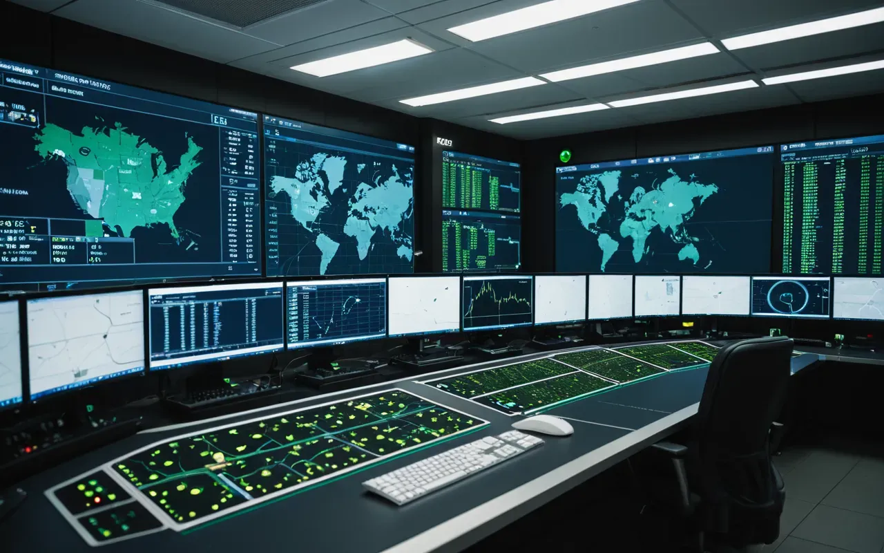 lojistik operasyon merkezi A modern logistics control room with a large digital map displaying route networks and data nodes in green and blue colors on multiple high-resolution monitors.