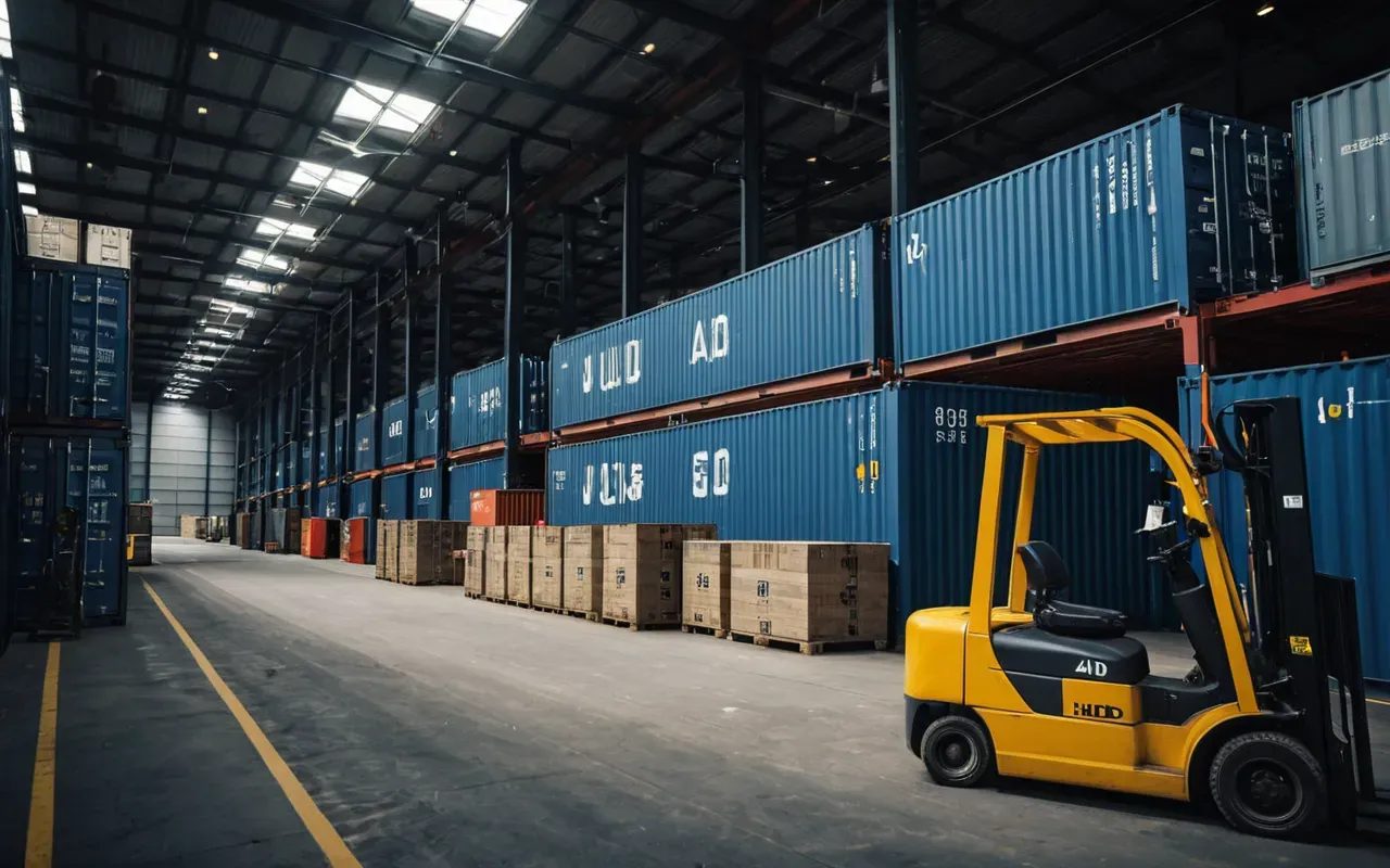 global ticaret A modern logistics warehouse with stacked shipping containers and forklifts in a dimly lit industrial setting showing global trade infrastructure.