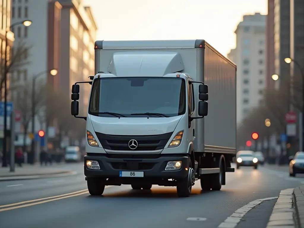 taşımacılık kamyonu A modern moving truck parked in a clean urban street with soft morning light reflecting off its metallic surface and blurred city background