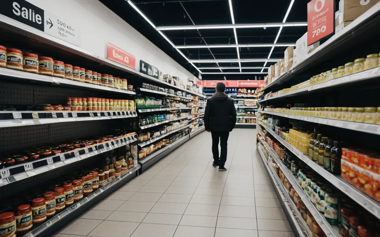 perakende sektörü A modern retail store aisle with shelves stocked with various consumer goods and a customer examining product labels in bright fluorescent lighting.