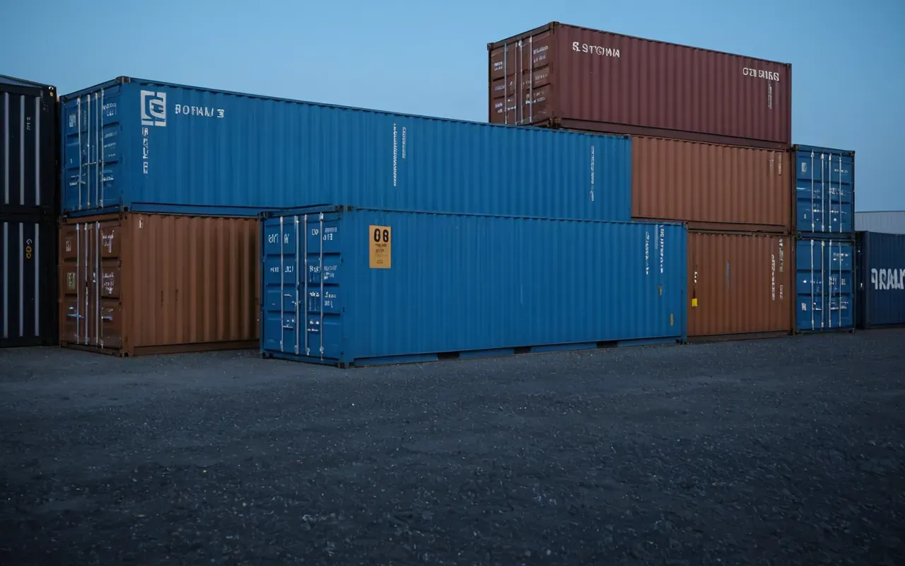 uluslararası nakliyat A modern shipping container yard at dawn with soft blue lighting and stacked metal boxes in a neutral industrial setting.