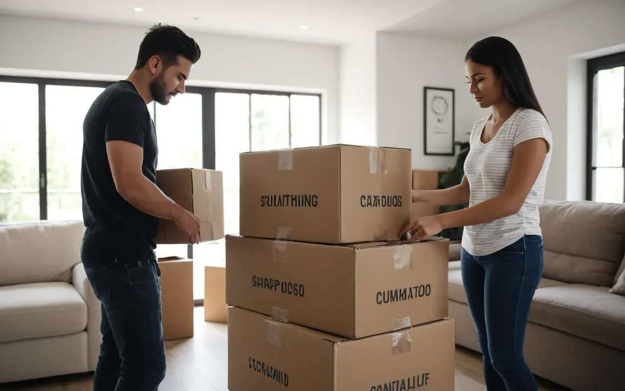 evden eve tasinma süreci A person organizing cardboard boxes in a bright modern living room with natural light and neutral furniture.