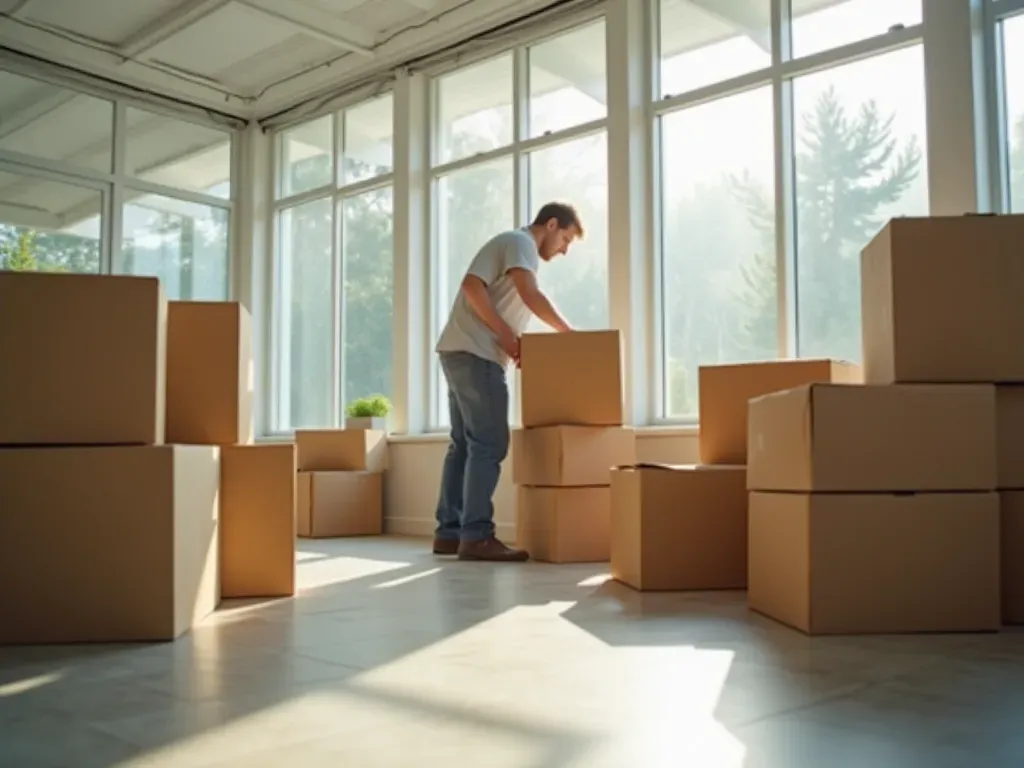 taşıma kutuları düzeni A person sorting through neatly packed cardboard boxes in a spacious bright room with large windows and natural light streaming across the floor tiles