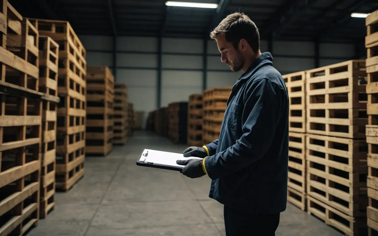 eşya kontrolü A person wearing work gloves and holding a clipboard while inspecting stacked wooden crates in a dimly lit warehouse with concrete floors.