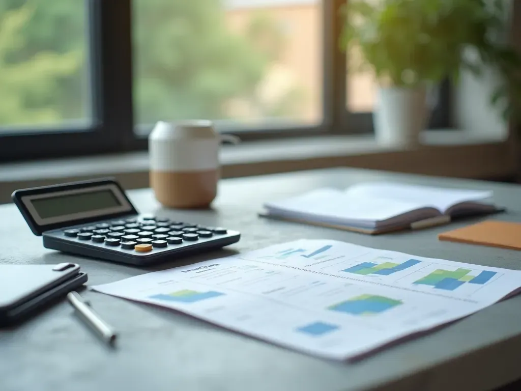 Clean editorial still life of a modern minimalist workspace with a calculator and organized papers on a concrete surface, soft diffused light