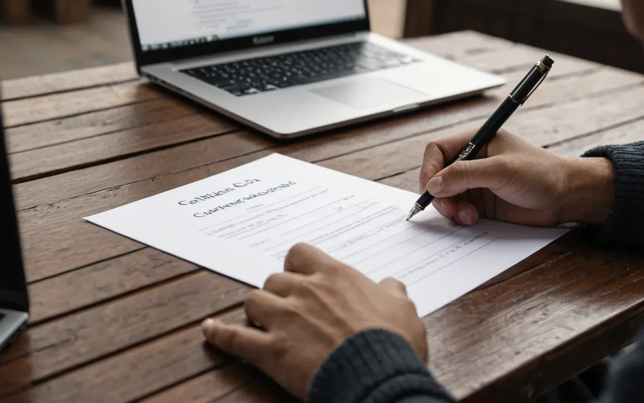 uluslararası kira sözleşmesi Close-up of a hand holding a pen signing a contract on a wooden table. A laptop is open in the background showing a video call interface.