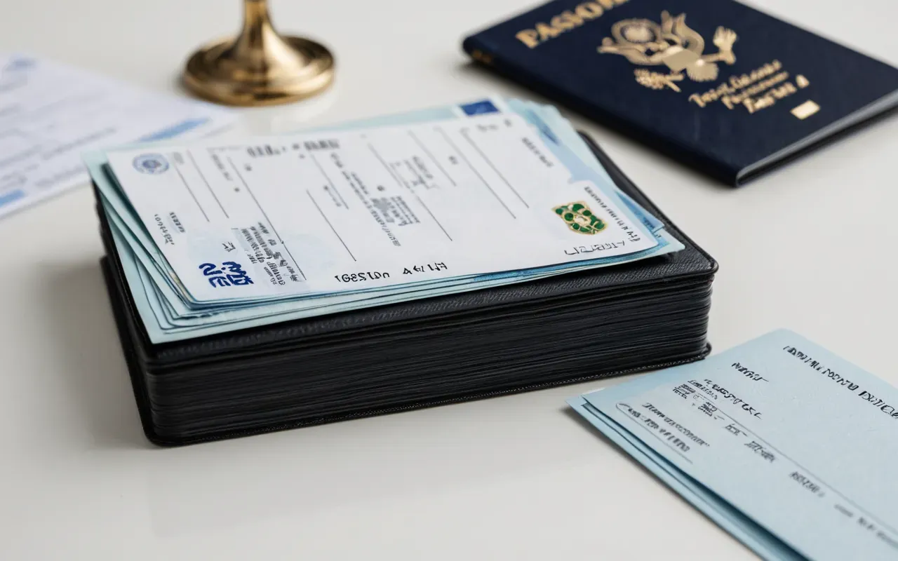 vize başvuru ipuçları Close-up of a neat stack of official documents and passports on a clean white desk surface with soft diffused lighting
