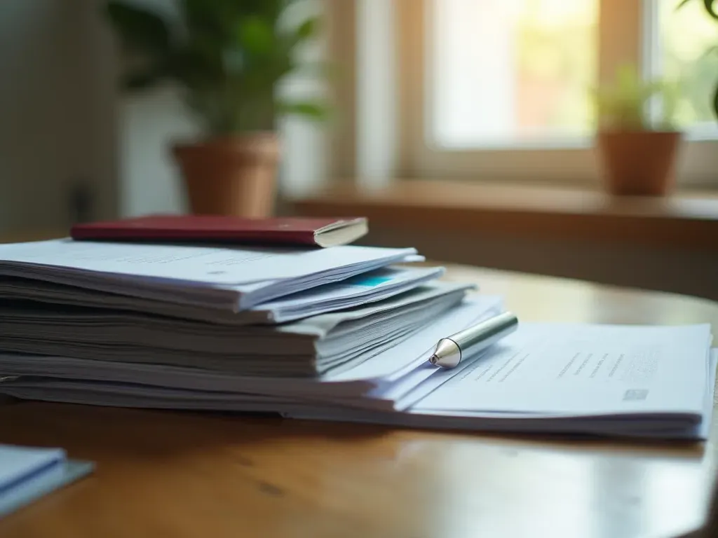 resmi evrak listesi Close-up of a neat stack of official documents and passports on a clean wooden desk with soft natural window light illuminating the papers from the side