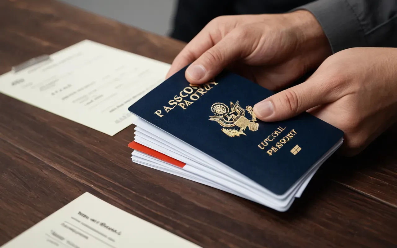 official documents and passport Close up of a professional hand holding a stack of official documents and a passport on a clean wooden desk with soft studio lighting