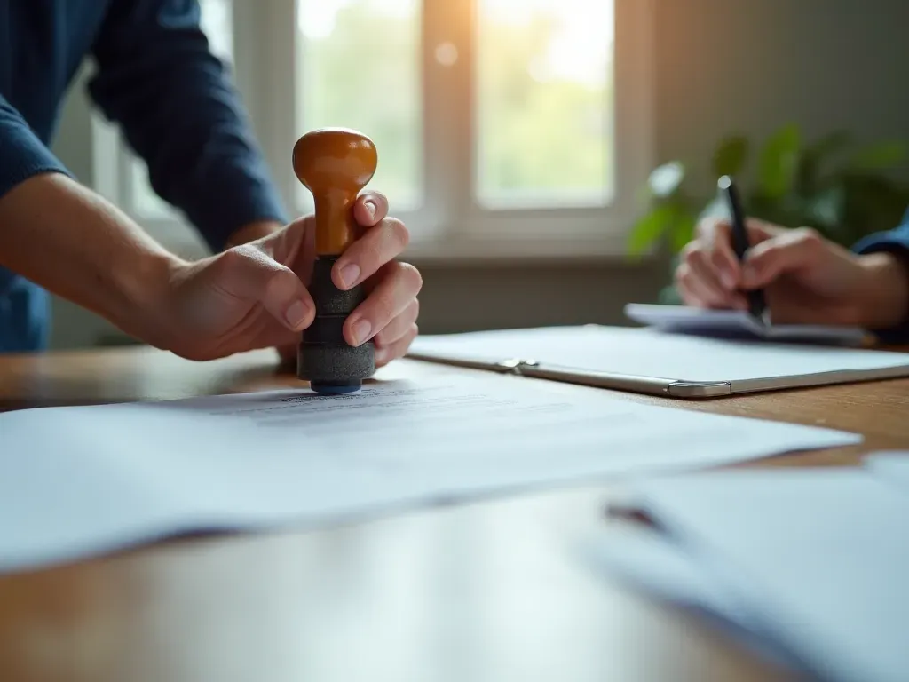 Close-up of a professional hand stamping an official document on a clean wooden desk with soft natural daylight from a window