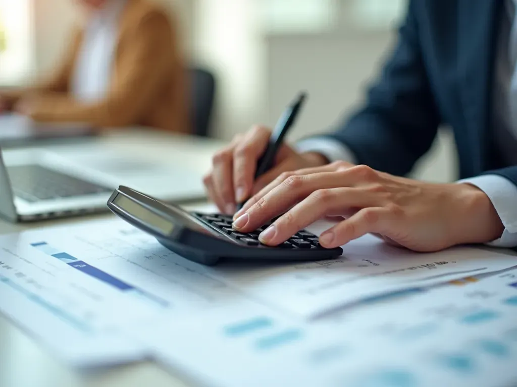 maliyet analizi Close-up of hands holding a calculator and a pen over a clean white desk surface with organized papers, soft studio lighting, professional business atmosphere