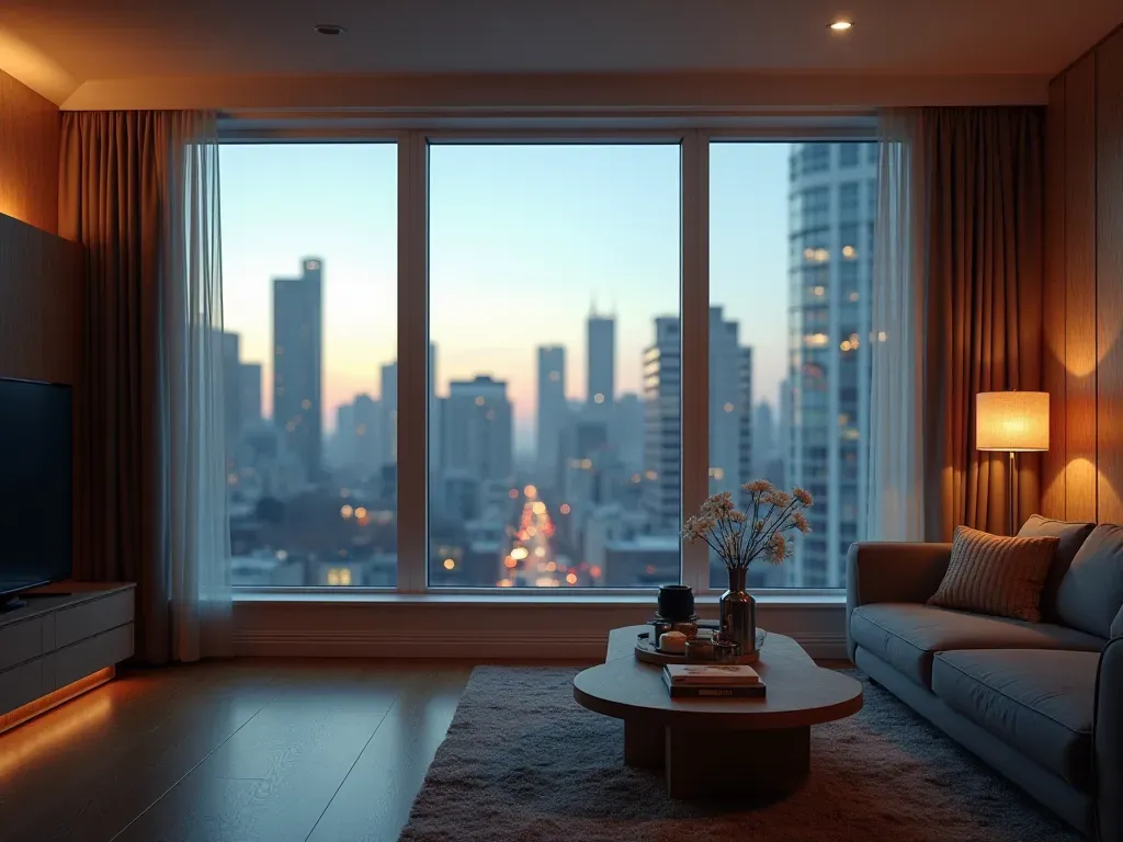 modern daire içi Interior of a contemporary apartment with large floor-to-ceiling windows showing a blurred cityscape outside, warm indoor lighting contrasting cool exterior light