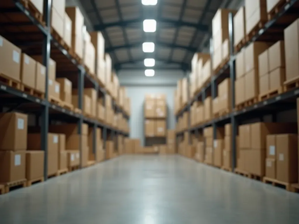 Interior of a modern clean storage facility with organized boxes and neutral tones under bright artificial lighting