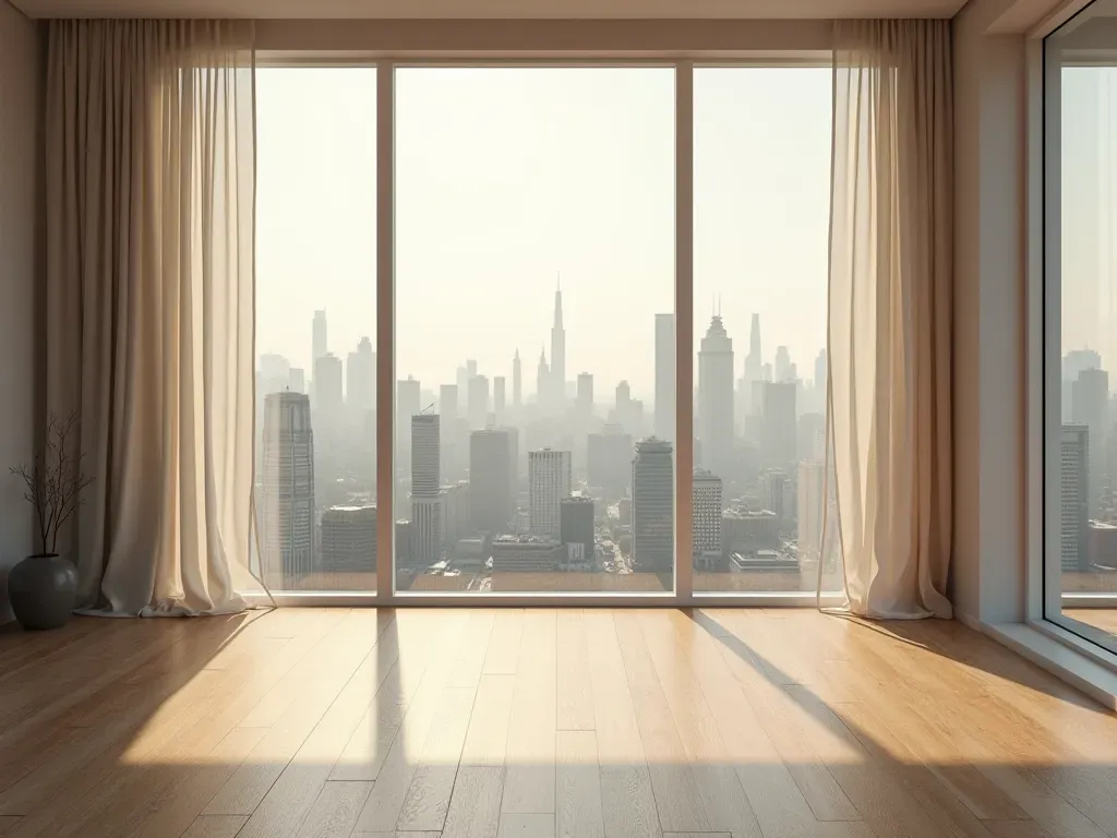 avrupa konut arayışı Interior of a modern minimalist apartment with light wooden floors and large windows showing a generic city skyline in the distance during early morning hours