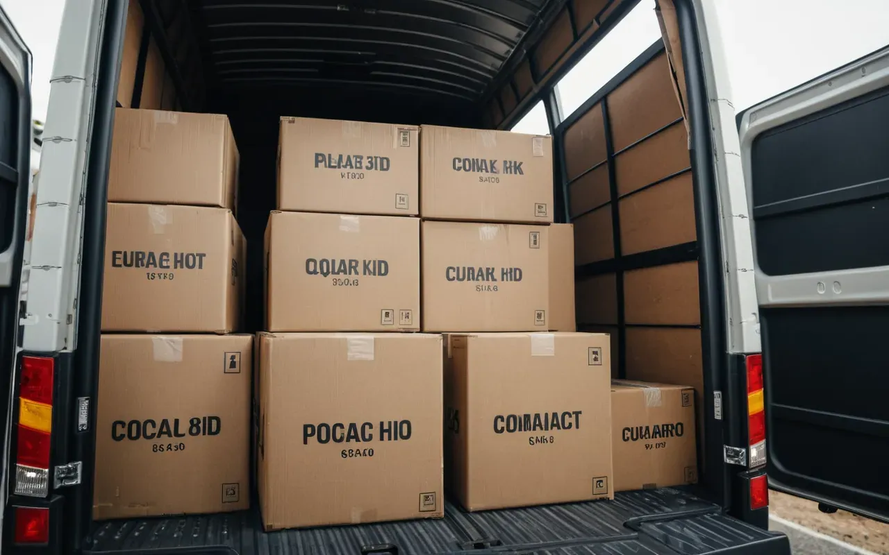 nakliyat sözleşmesi Interior view of a modern moving truck with neatly packed cardboard boxes and heavy duty straps visible in the cargo area