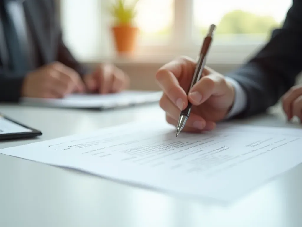 Modern minimalist office scene with a pen signing a contract on a white table surface under soft studio lighting