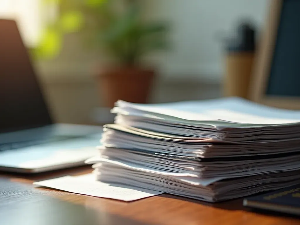 resmi belgeler Neatly arranged stack of official documents and passports on a wooden desk with soft natural window light creating subtle shadows, clean professional composition