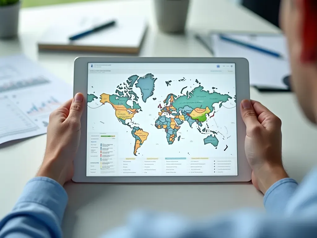 nakliye planlaması Overhead view of a person's hands holding a digital tablet over a clean white table while reviewing complex logistics documents and route maps in bright daylight
