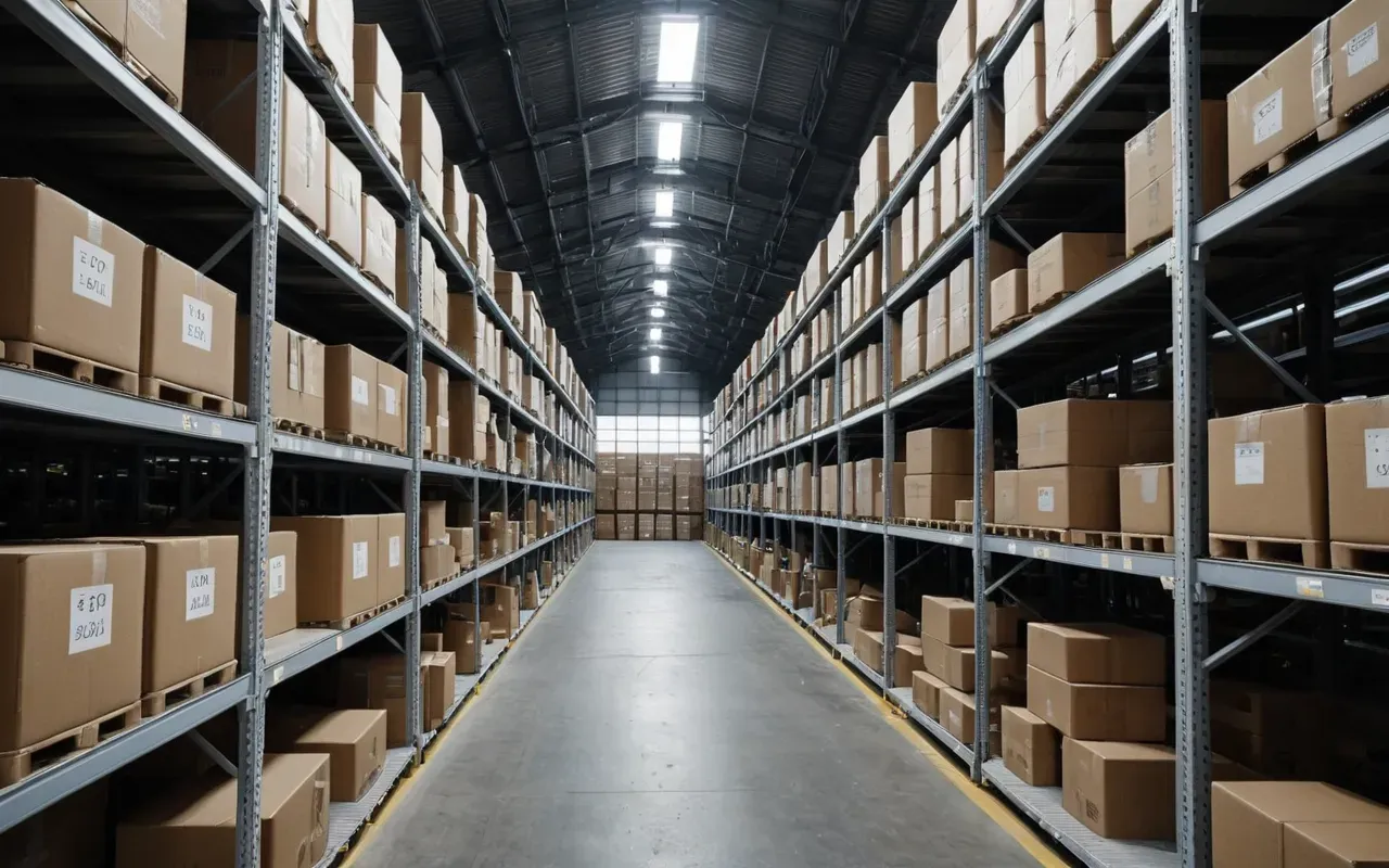geçici depolama alanı düzeni ve kutu istifleme sistemi Wide angle view of a modern industrial warehouse interior with neatly stacked cardboard boxes on metal shelving units, soft fluorescent overhead lighting, clean concrete floor, minimal color palette with neutral tones