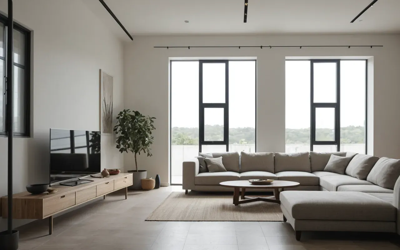 modern living room interior design Wide editorial photograph of a modern minimalist living room with neutral furniture and soft natural daylight coming through large windows creating a calm atmosphere
