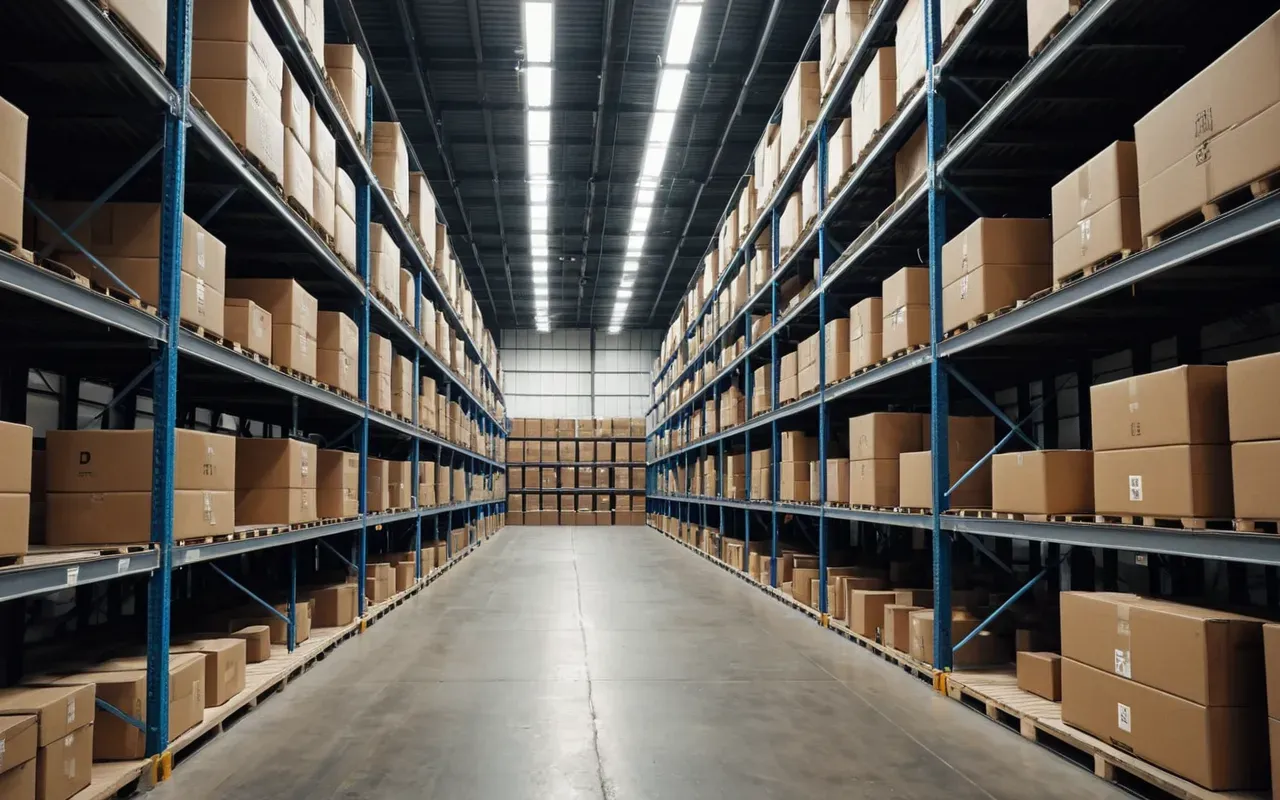 warehouse storage solutions Wide shot of a modern industrial warehouse interior with neatly stacked cardboard boxes on metal shelves and bright overhead lighting creating an organized atmosphere