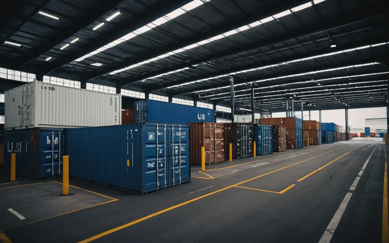bütçe yönetimi Wide shot of a modern logistics center with stacked shipping containers and automated loading equipment under industrial lighting