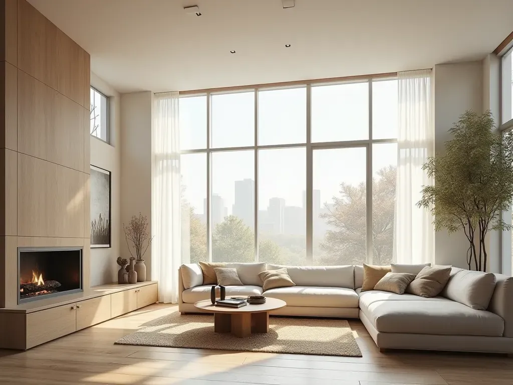 modern ev tasarımı Wide shot of a modern minimalist living room with large windows letting in soft natural daylight, neutral furniture tones, and clean architectural lines, editorial photography style