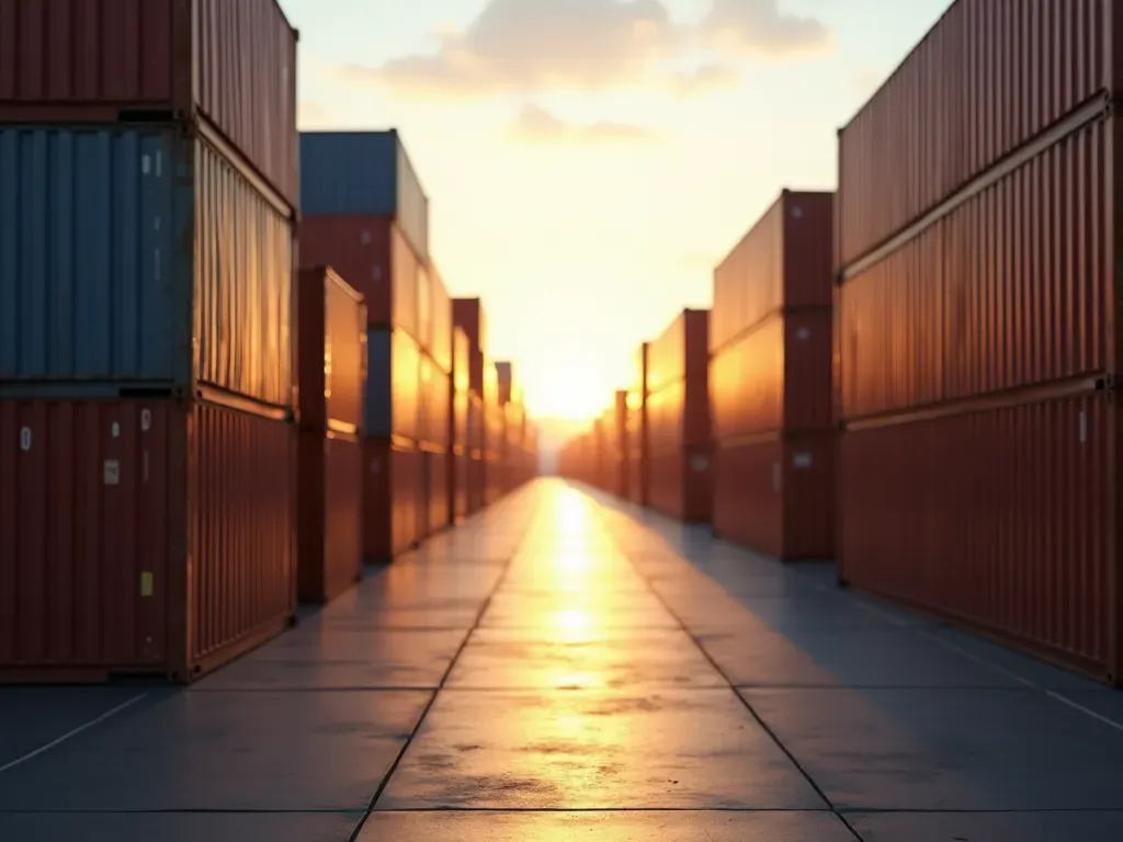 uluslararası nakliyat maliyeti Wide shot of a modern shipping container yard at dawn with stacked metal boxes and soft golden morning light casting long shadows on the concrete ground
