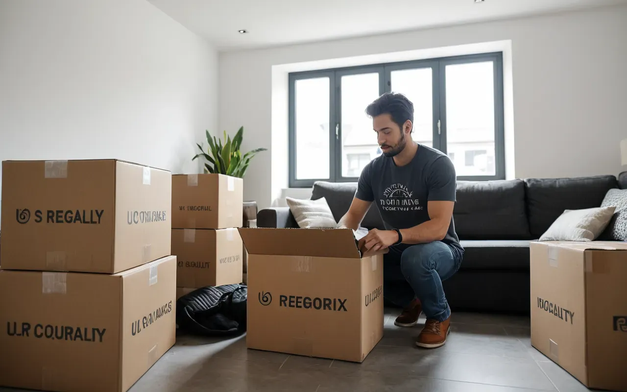 A bright and modern living room with a person packing boxes for an international move in daylight.