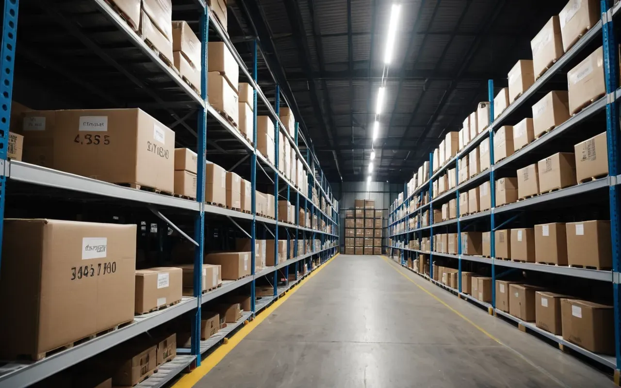 İstanbul eşya depolaması A clean and well-organized storage warehouse interior. Shelves are neatly arranged with sealed moving boxes stacked high under bright artificial lighting.