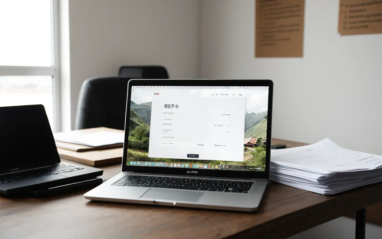 belge hazırlığı A clean desk with a laptop and documents showing an international shipping process in bright natural light