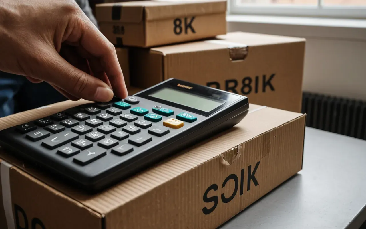 nakliye maliyet hesabı A close-up of a hand holding a calculator next to a stack of boxes. The boxes are brown cardboard and sealed with tape. Natural light comes from a window on the side.