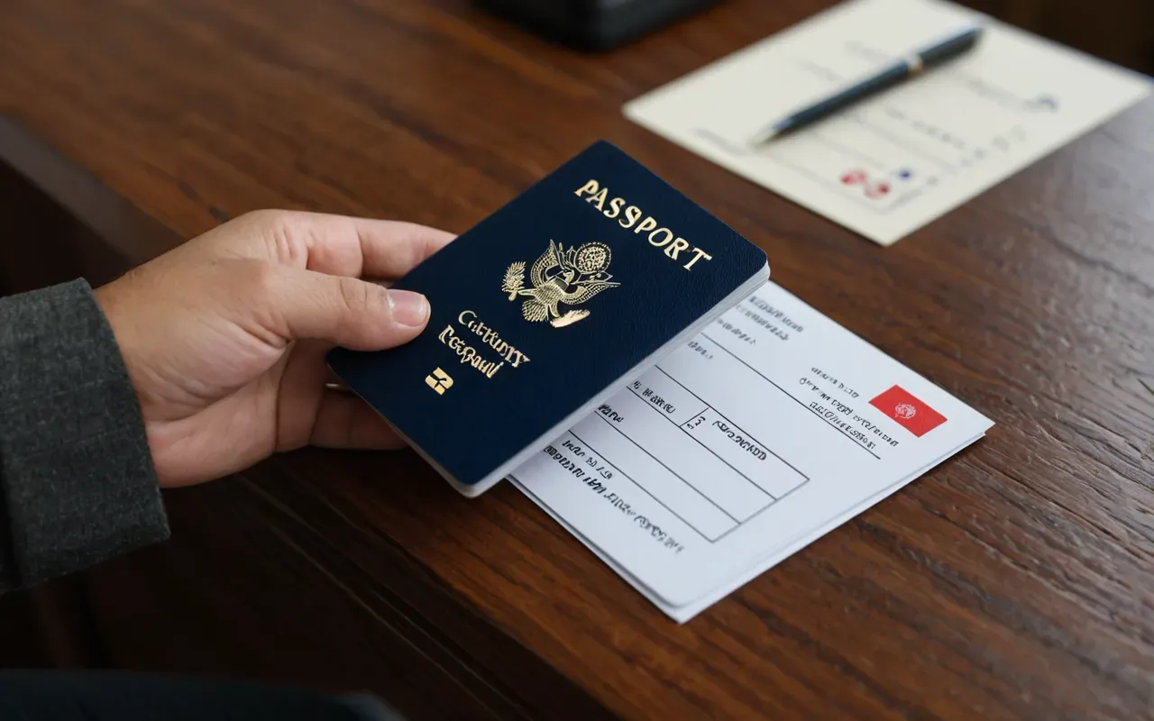 A close up of a hand holding a passport and a stack of papers on a wooden desk with soft natural lighting from the side.