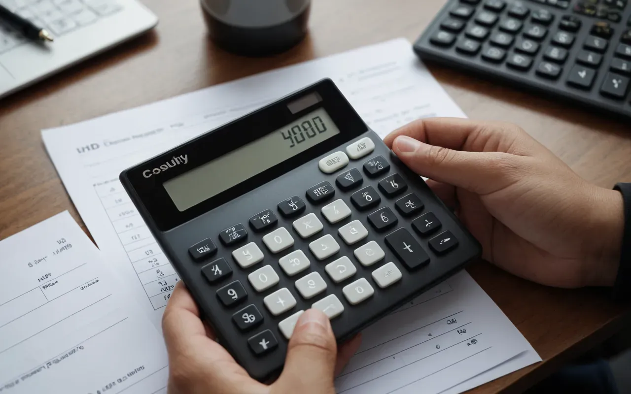 maliyet hesaplaması A close up of a person's hands holding a calculator and papers in a modern office setting with soft lighting