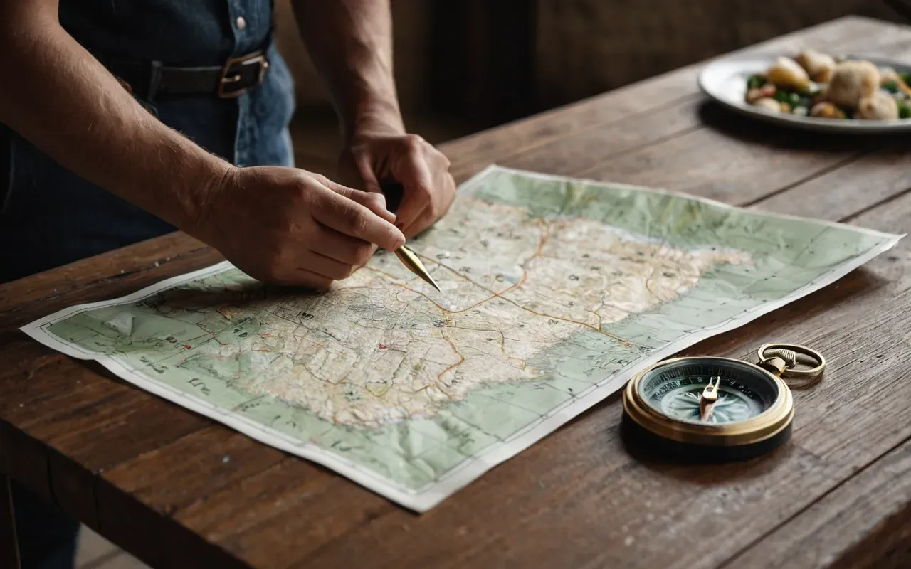 planlama süreci A close-up shot of hands holding a map and a small compass on a wooden table. Natural light is coming from the side, highlighting the texture of the paper. The scene conveys careful planning and decision-making without showing any text or specific geographical labels.