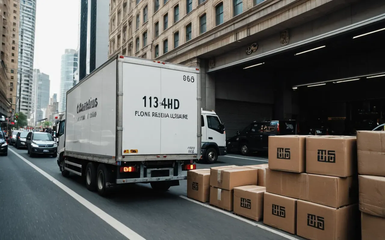 uluslararası nakliyat aracı şehir içi trafik yoğunluğu A close-up view of a moving truck loaded with packed boxes parked on a busy city street during the day. The scene shows dense urban traffic and high-rise residential buildings in the background.
