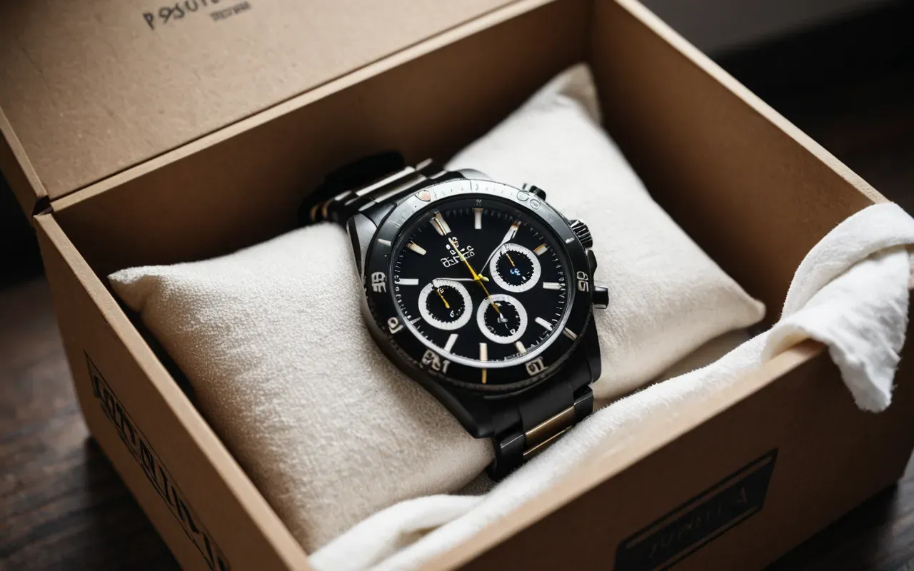 eşya envanteri A close up view of a neatly organized cardboard box filled with luxury wristwatches wrapped in soft white cloth. A digital scale sits beside the box showing weight measurement while natural light streams through a window illuminating the scene.