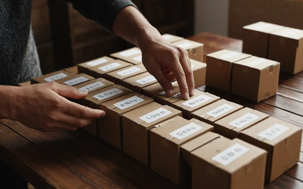 taşıma kutu etiketleme A close up view of a person's hands carefully organizing small white labels onto sturdy brown cardboard boxes on a clean wooden table with soft indoor lighting and no visible text.
