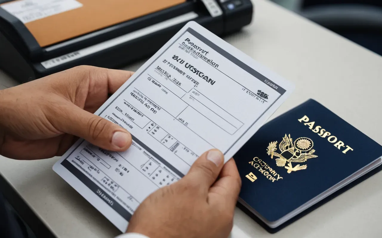 A close-up view of a person's hands holding a passport and customs declaration forms at a modern airport desk.