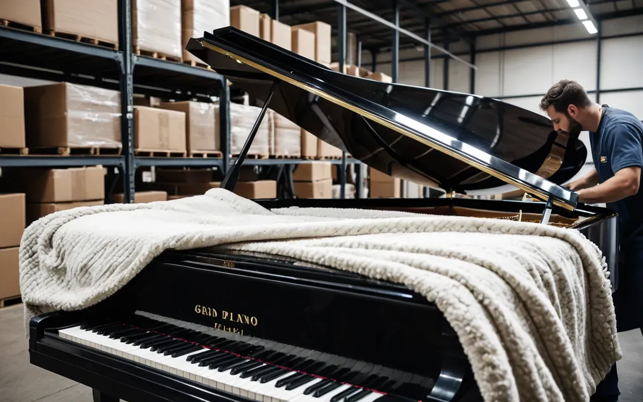 profesyonel nakliyat ekibi A close-up view of a professional moving team carefully securing a large grand piano with thick protective blankets and straps inside a modern warehouse. Soft natural lighting highlights the texture of the fabric and the wooden floor, emphasizing precision and care without any visible text or logos.