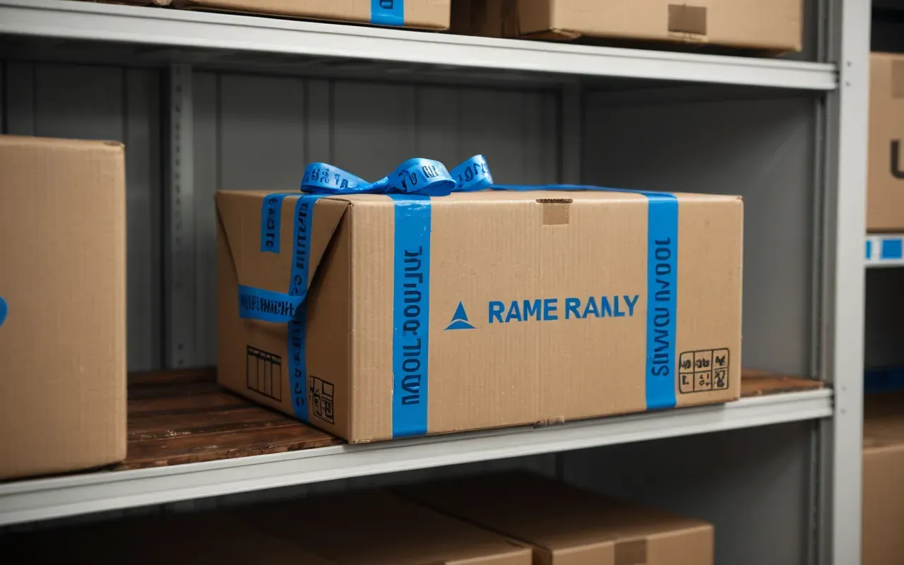 düzenli kutulama örneği A close-up view of a white cardboard box with clear blue tape sealing it. The box sits on a wooden shelf next to other similar boxes in an organized storage unit.