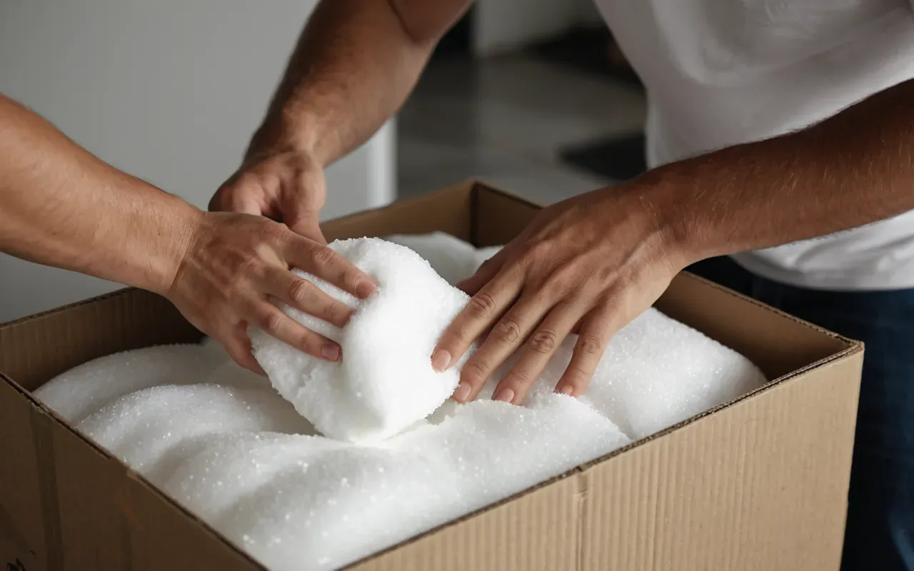 uluslararası nakliyat maliyeti A close-up view of hands carefully packing fragile items into a sturdy cardboard box with white foam padding, bright indoor lighting reflecting off the smooth surface, neutral background.