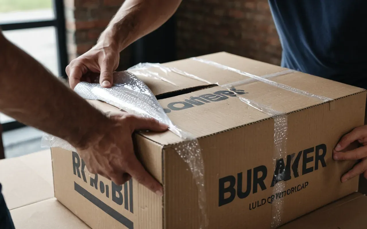 A close-up view of hands taping a sturdy cardboard box. The background shows a stack of similar boxes wrapped in protective bubble wrap. Soft natural light enters from a window nearby, creating a calm and focused atmosphere that emphasizes careful preparation for international shipping.