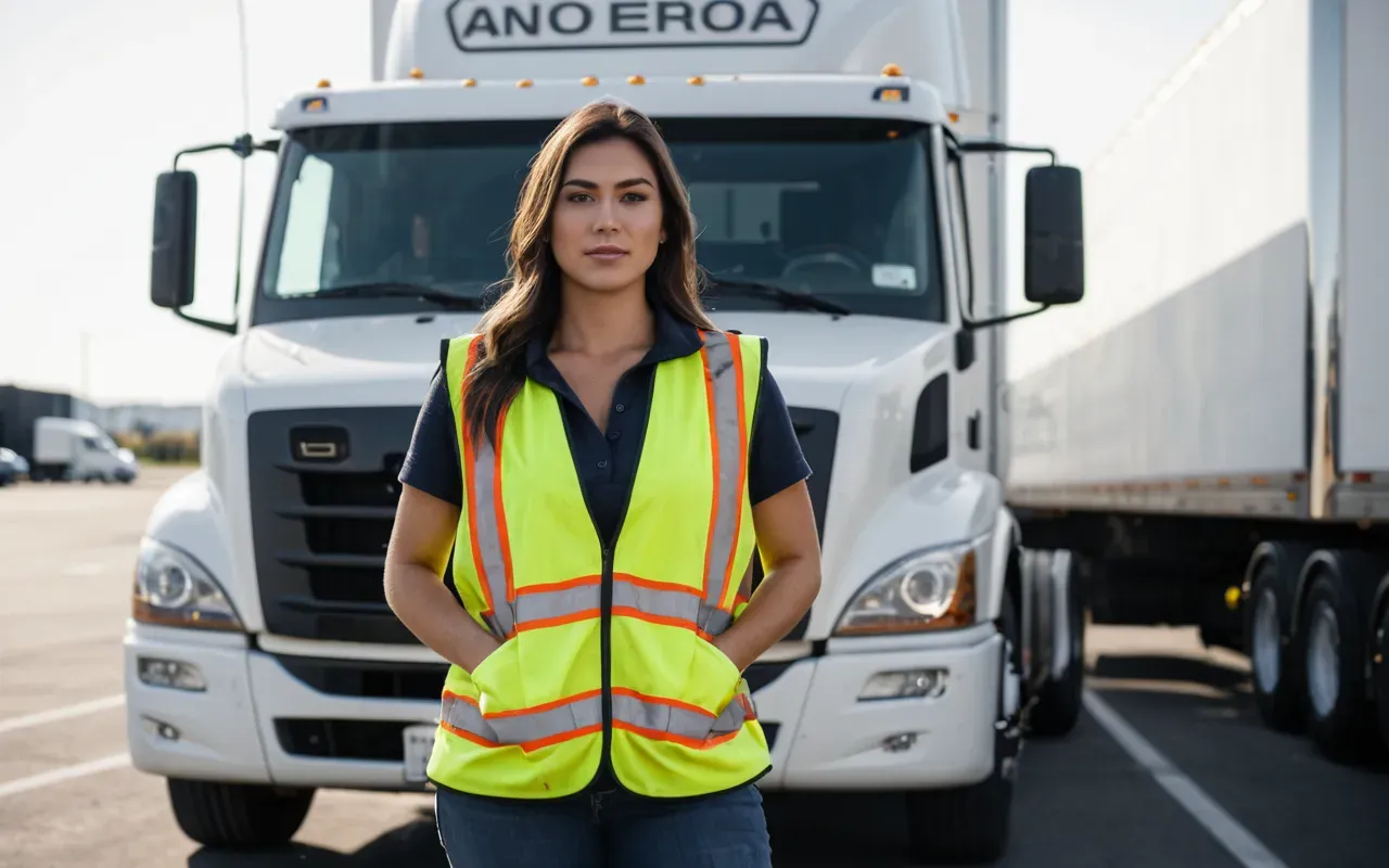 kadın tır şoförü A confident woman driver wearing a safety vest standing next to a clean modern semi-truck in a well-lit parking area.